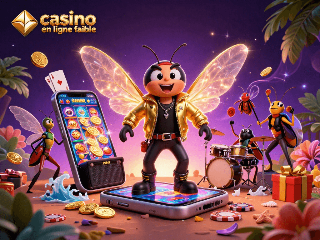 Vivez l'expérience d'un casino en ligne fiable avec une illustration vibrante de jeux de casino et un groupe animé.