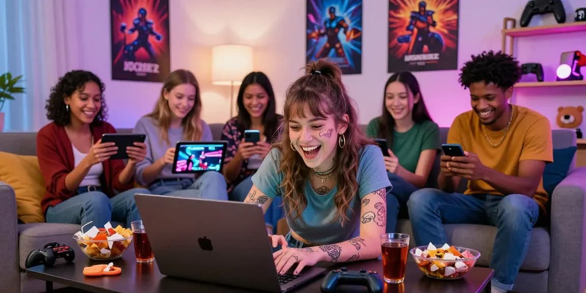 Friends playing sex games online, showcasing vibrant home gaming atmosphere.