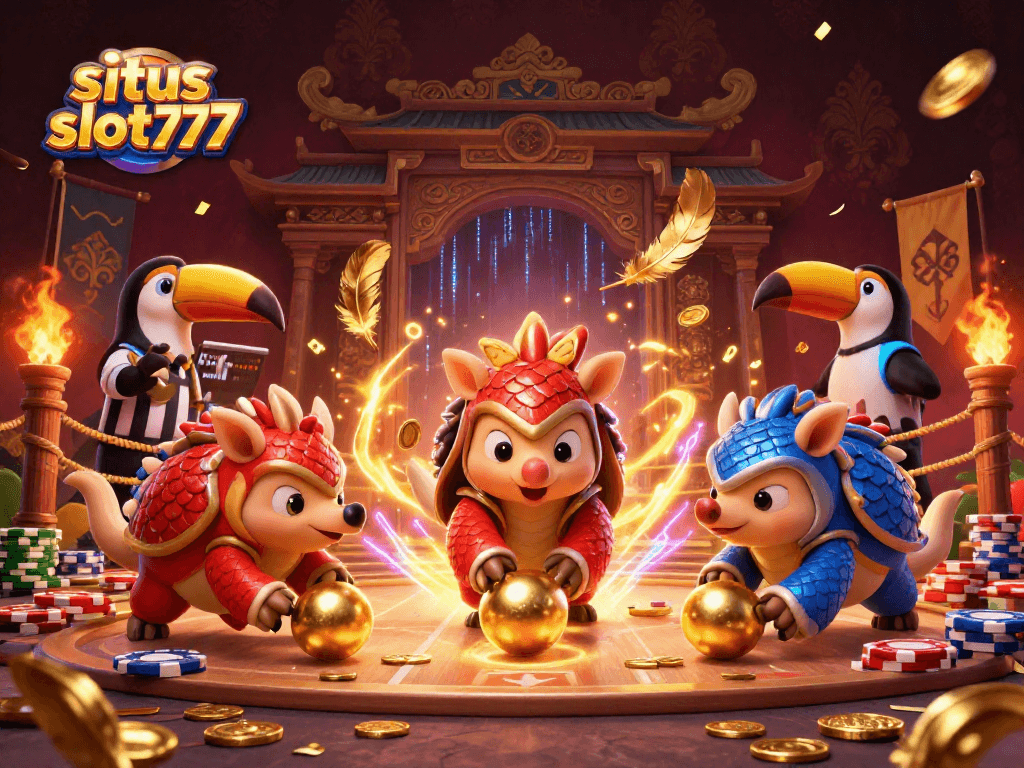 situs slot777 illustration where rival pangolins roll poker chips amidst golden spectacle, embodying casino excitement