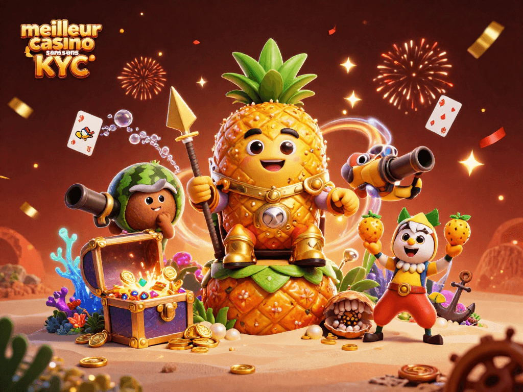 Le meilleur casino sans KYC : découvrez un roi des jeux d'argent, avec un trône de fruits sous des feux d'artifice.