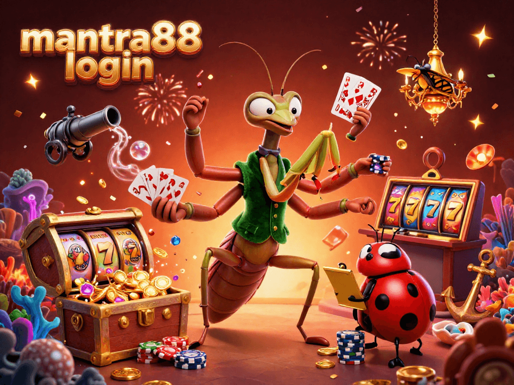 Experience wins and excitement with mantra88 login in a vibrant 3D casino illustration.