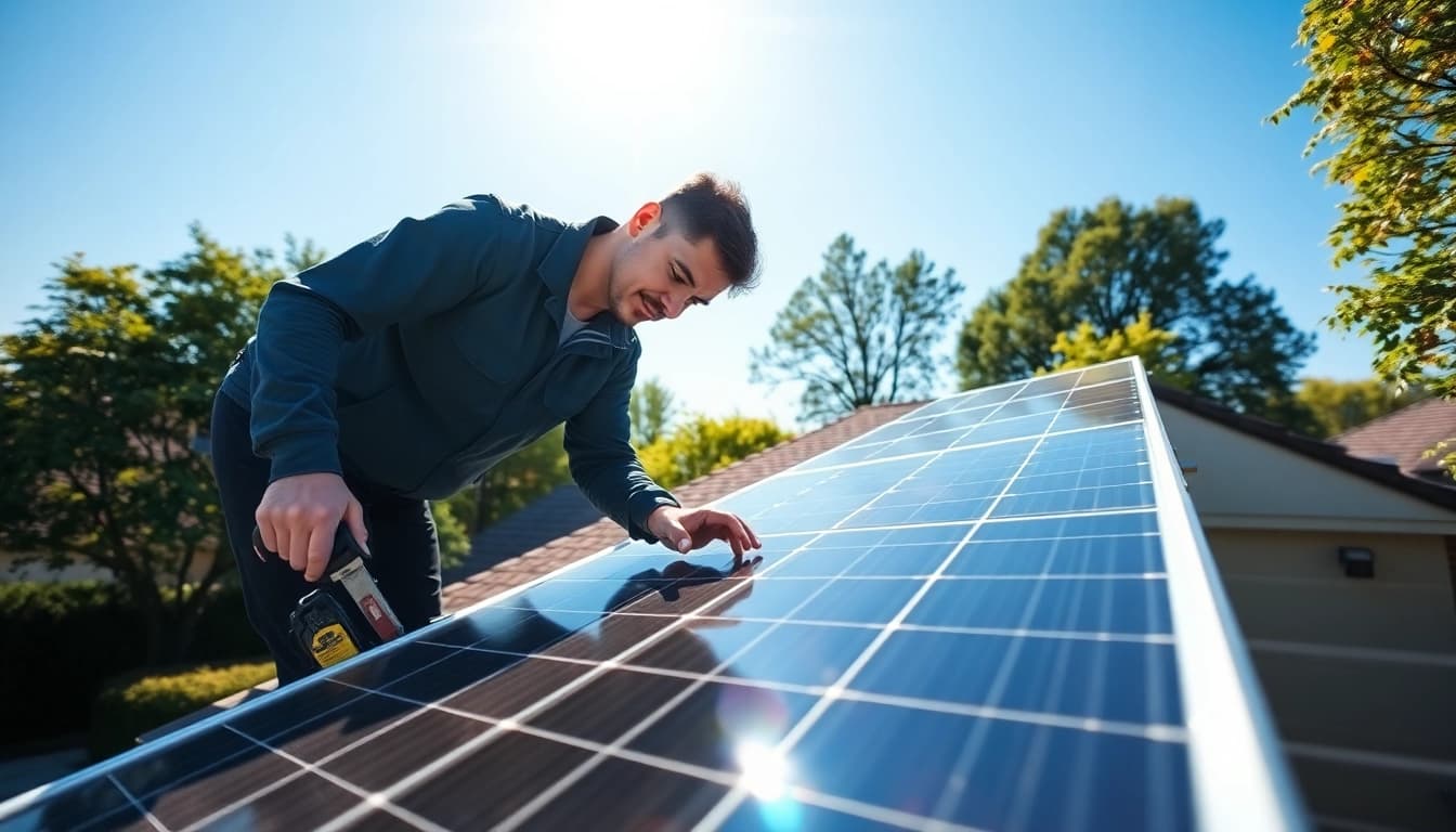 Solar repair company near me technician examining solar panels on a sunny day.