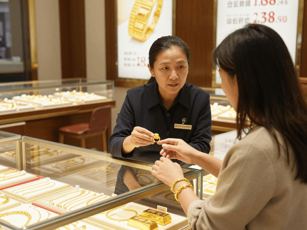 Gold specialist advising clients in a luxury jewelry shop on mantra88 gold purchases, surrounded by sparkling jewelry.