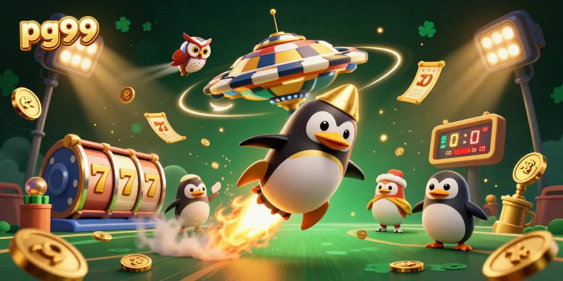 Experience pg99's unique slots with a golden penguin soaring towards a poker chip casino.
