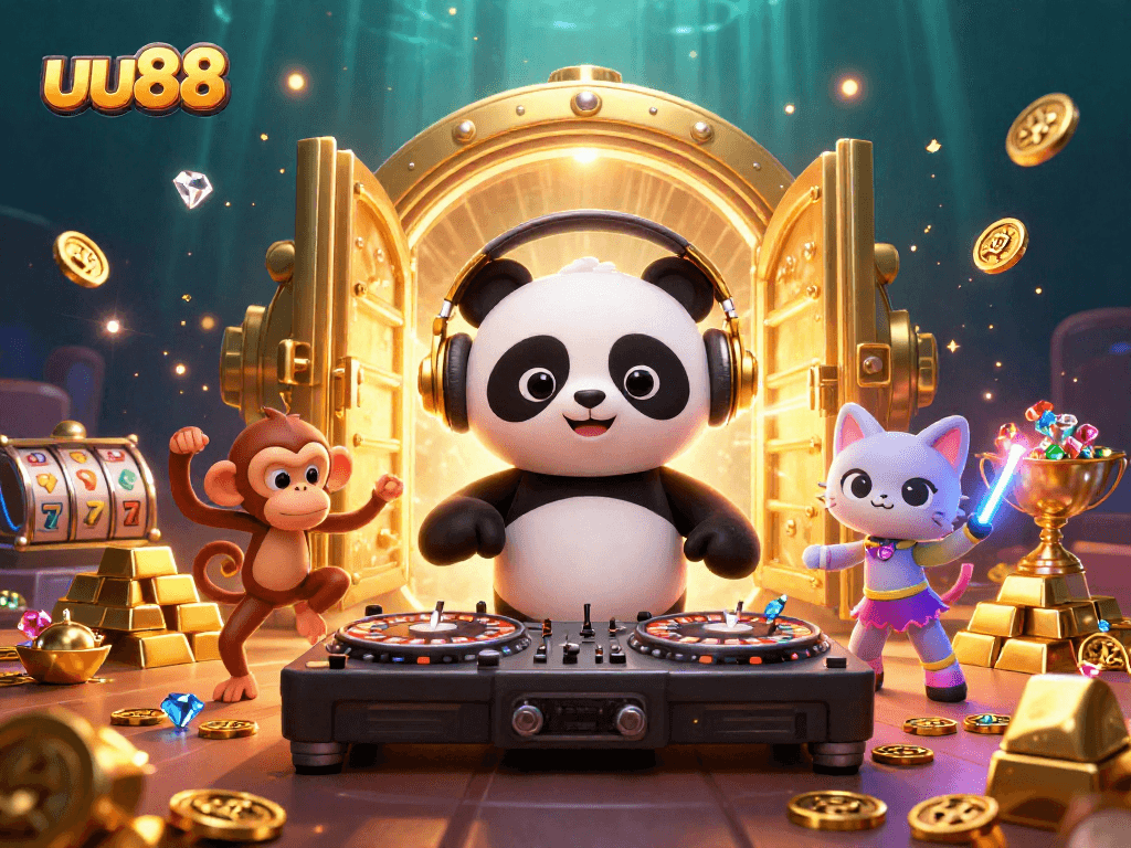 Experience the excitement of uu88 with DJ panda and friends in a lively casino scene.