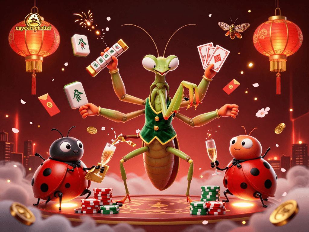 Experience thrilling gameplay in caycanhphattai; a vibrant 3D casino scene featuring a giant mantis card sharp and ladybug pit boss.