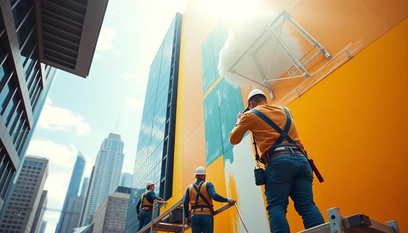 Commercial painting team revitalizing an office building’s exterior with vibrant colors.
