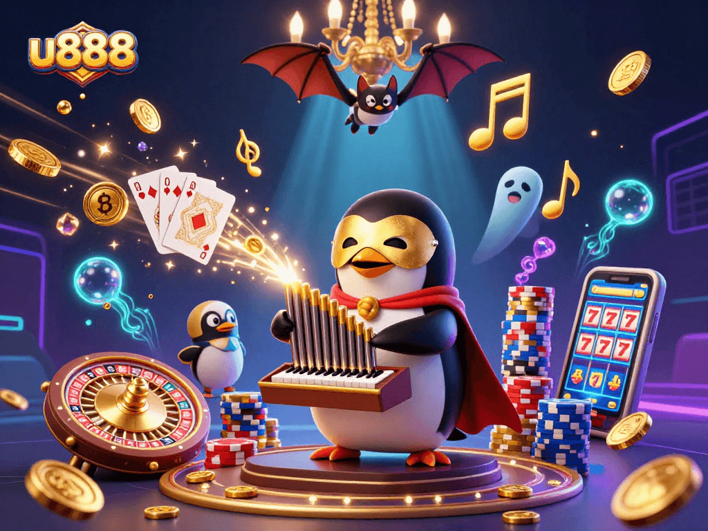 Experience excitement at u888 casino with a colorful array of games, coins, and a stunning penguin pianist.