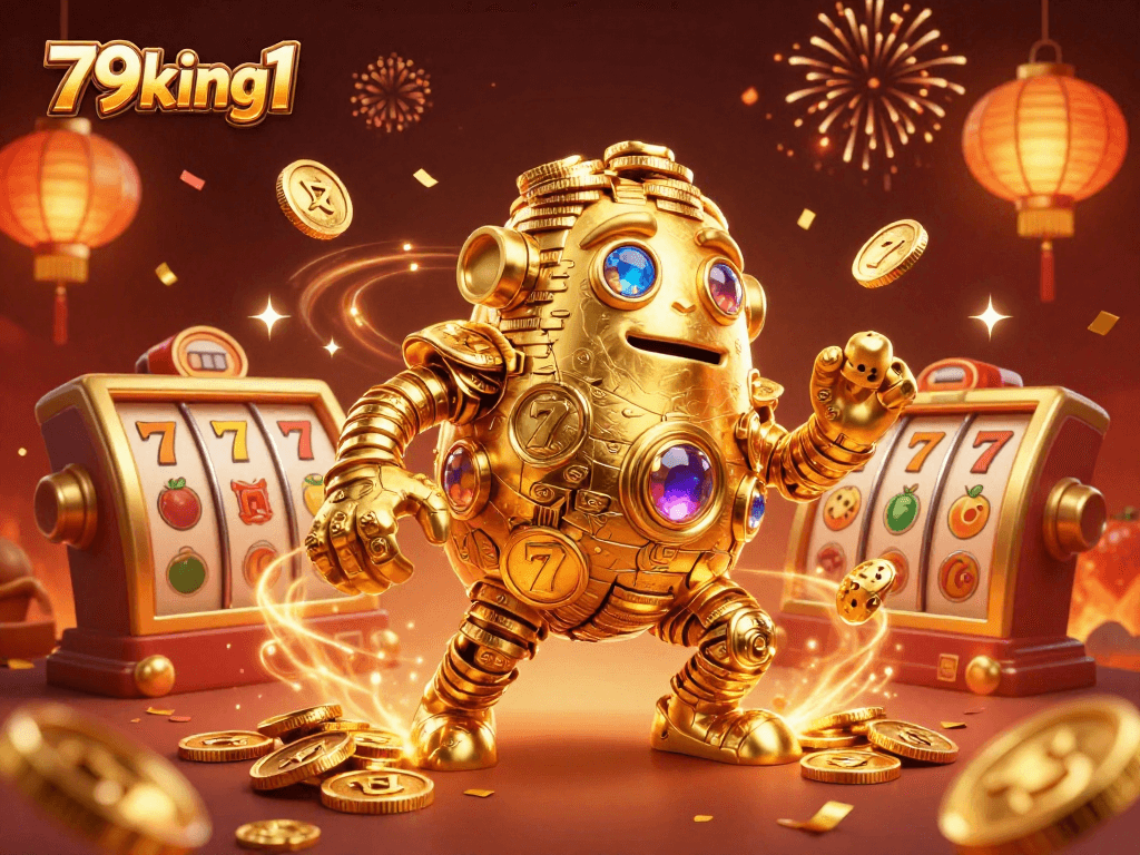 Spin your fortune with 79king1's vibrant slot scene showcasing golden golems and festive symbols.