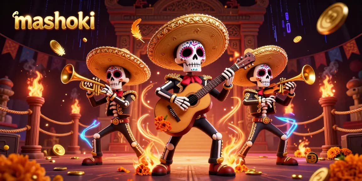 Experience winning strategies with mashoki in a vibrant casino scene featuring a mariachi band.