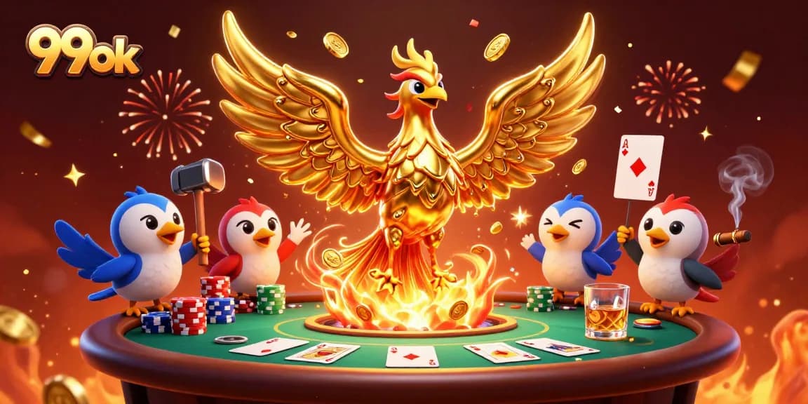 Win big with 99ok as a golden phoenix rises over a dynamic poker scene.
