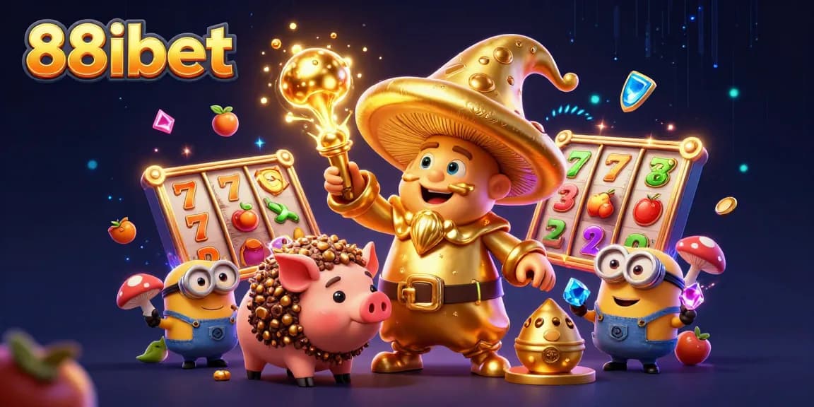 88ibet's magical slots scene with golden mushroom wizard and treasure-hunting pig amidst jackpot elements.