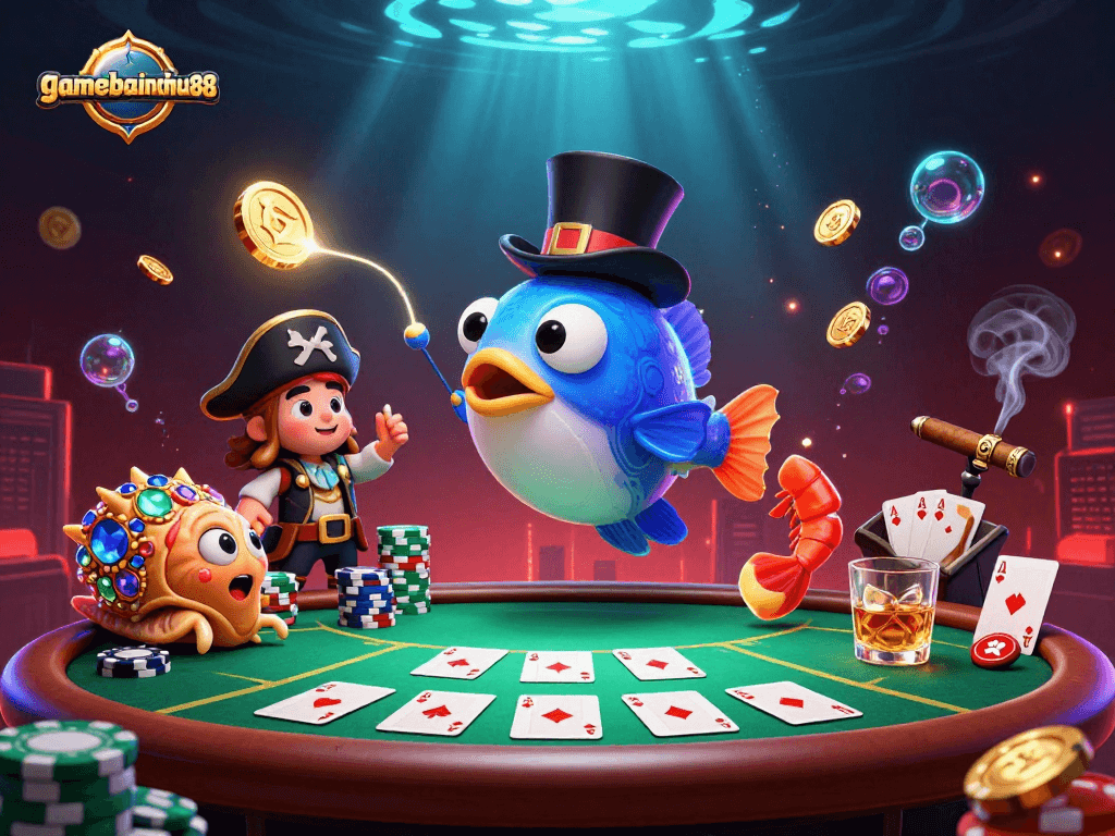 Engage with gamebainohu88 in an exciting poker scene featuring treasure-filled sea creatures.