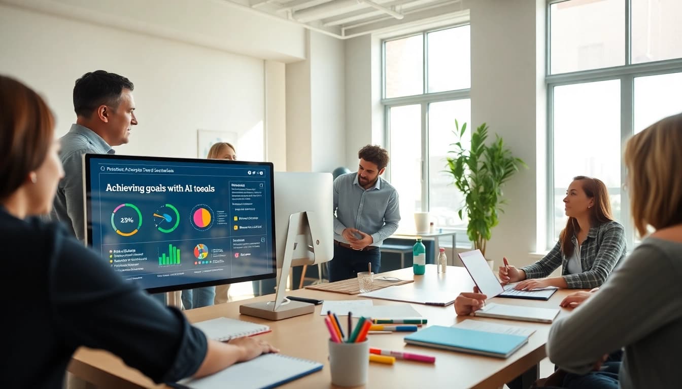 Achieve Your Goals With AI in a collaborative office setting showcasing a planning session with diverse participants.