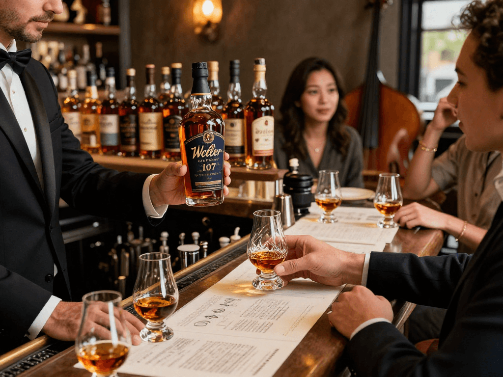 Experience Weller Antique 107 bourbon served in an elegant bar setting, showcasing its rich flavor profile and ambiance.
