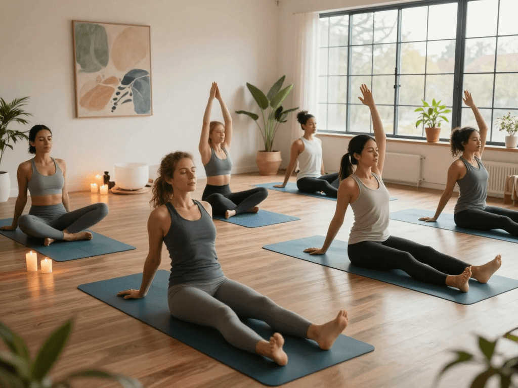 Group practicing yoga in a serene studio, embodying mantra88's focus on wellness and mindfulness.