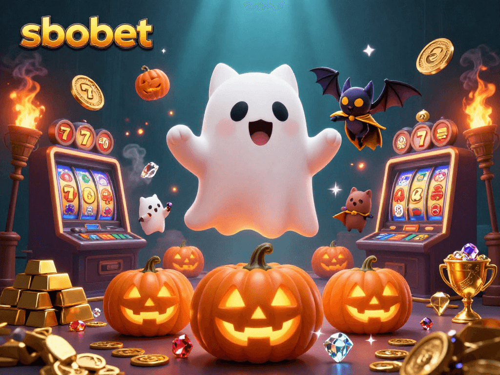 SBOBET sports betting scene with vibrant ghost cat, treasure vault, and glowing poker-themed jack-o-lanterns.