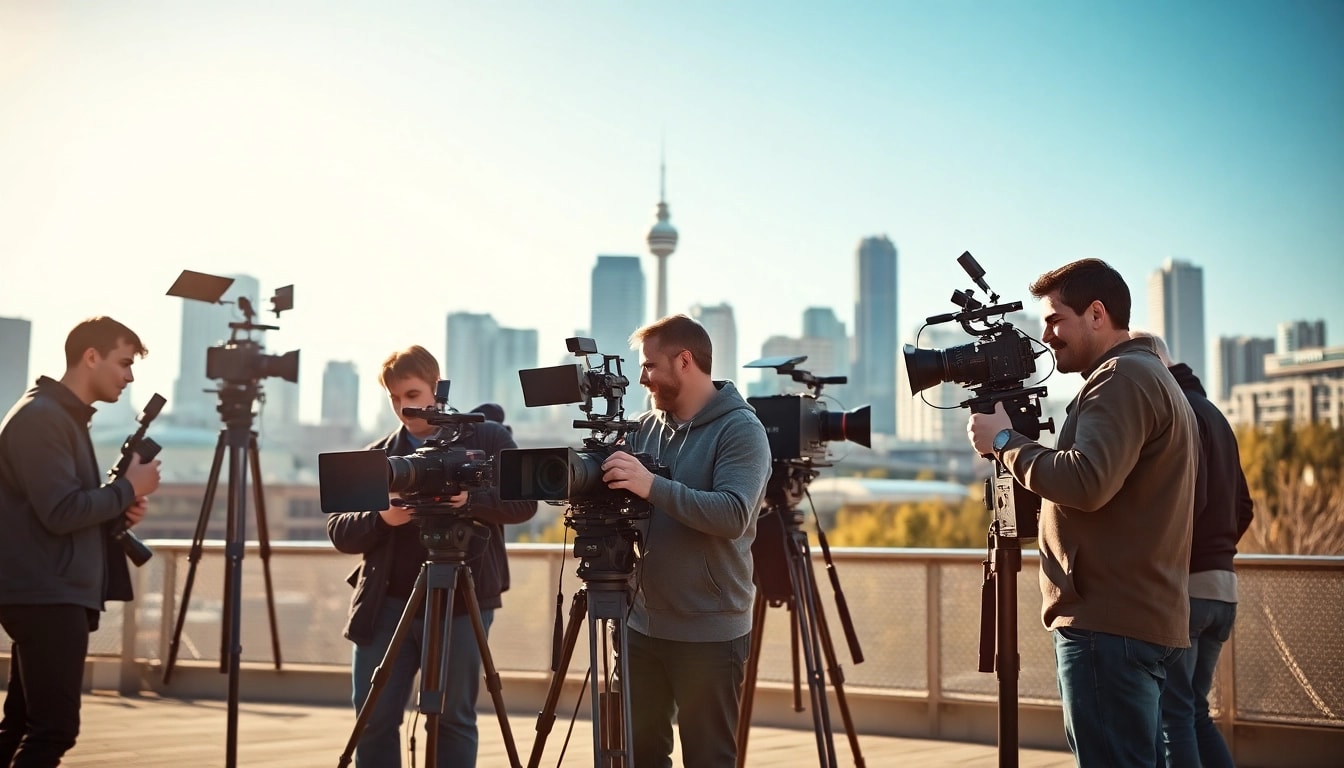 Engaging video production Edmonton team filming against the iconic city skyline.