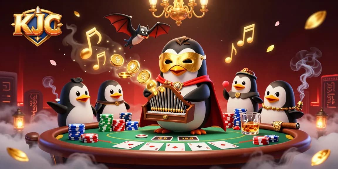 KJC delivers a thrilling casino atmosphere with a phantom opera penguin playing an organ and golden coins shooting out.