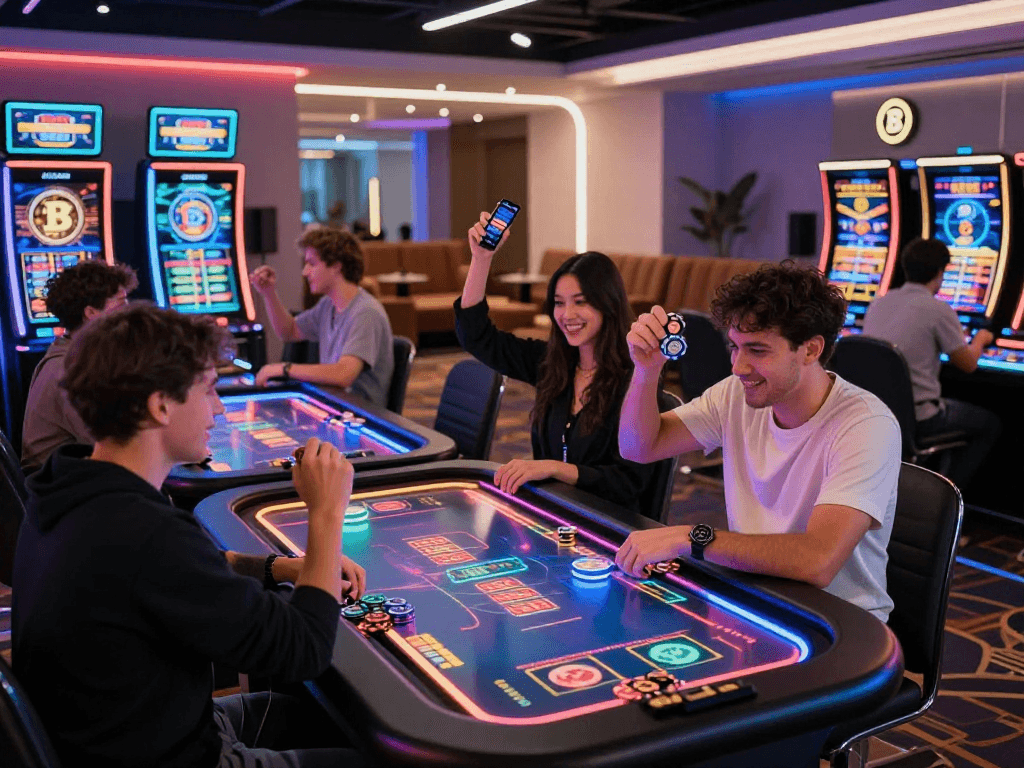Exciting crypto casino scene with players engaging at digital tables, celebrating wins.