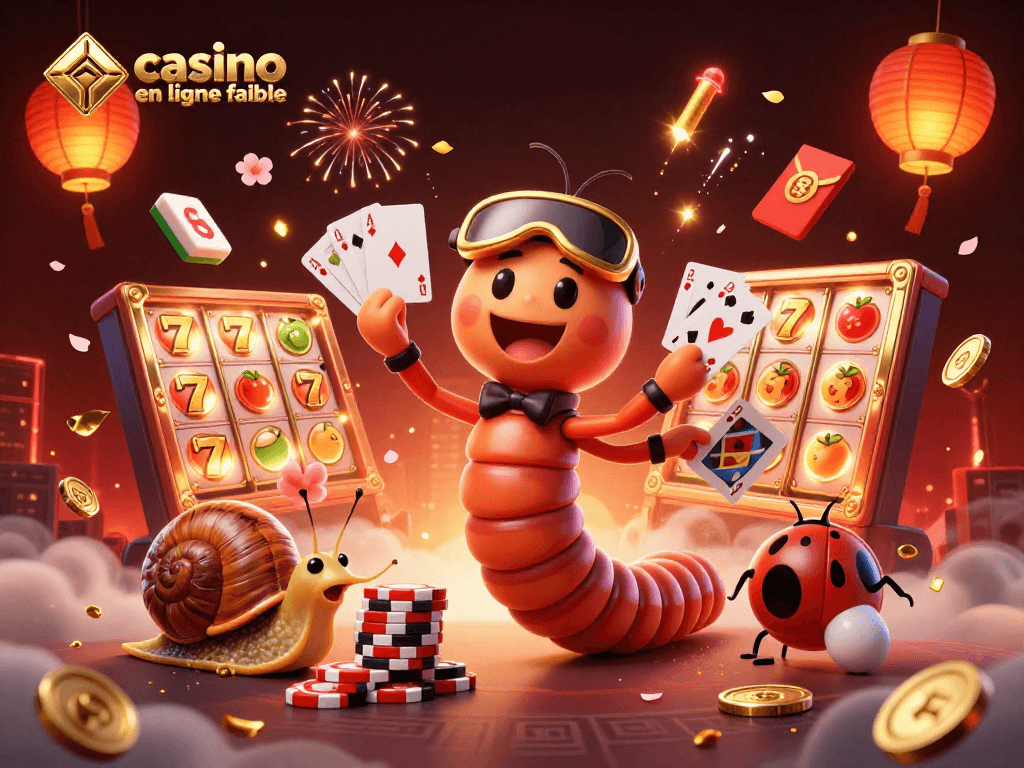 Illustration 3D d'un casino en ligne fiable avec un dealer mille-pattes et un joueur escargot entourés de jeux de casino.