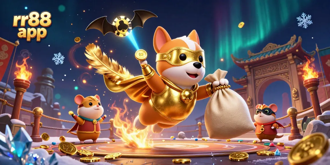 Experience the excitement of betting with the rr88 app as the superhero dog flies high with gold coins.