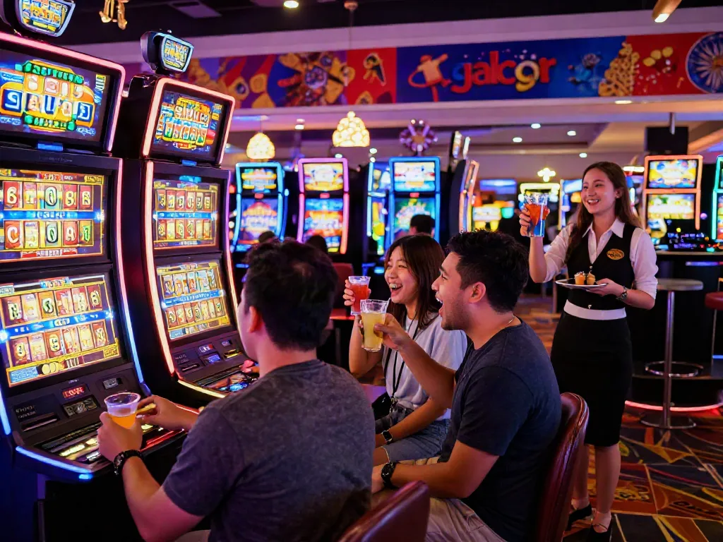 Excited players celebrating a win at a 'slot gacor' machine in a lively casino atmosphere.