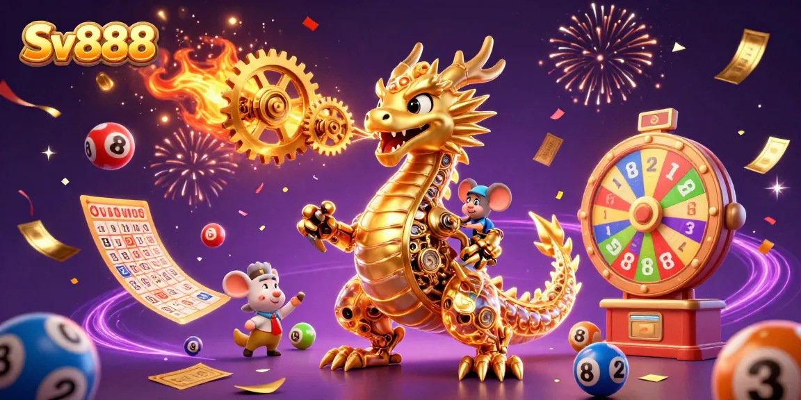 Experience exhilarating wins at Sv888 with a vibrant 3D dragon breathing gears amidst a dynamic casino backdrop.