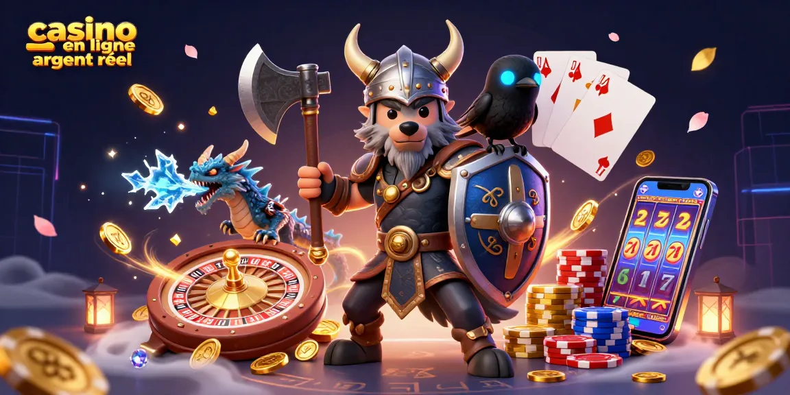 Gagnez avec ce graphique captivant de casino en ligne argent réel illustrant un guerrier Viking et un dragon.