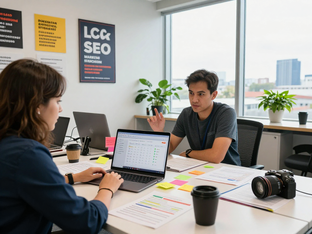 Engaging operators strategizing local SEO tactics for an Orange County SEO company in a modern workspace.