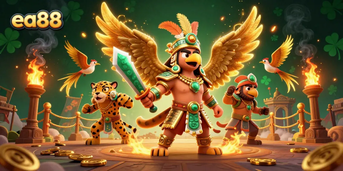 Betting excitement at ea88 illustrated with Aztec warriors amidst a vibrant casino scene.