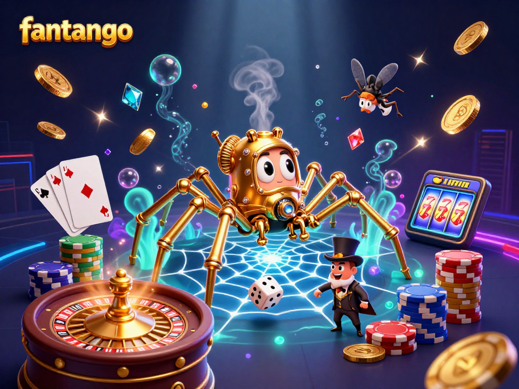 Spin to win at fantango with an intricate web of golden chains and casino elements surrounding a whimsical scene.