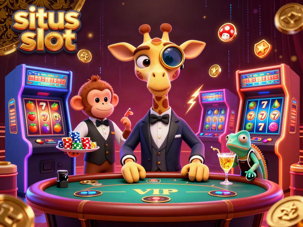 Engage with the situs slot scene featuring vibrant 3D characters amidst casino game excitement.