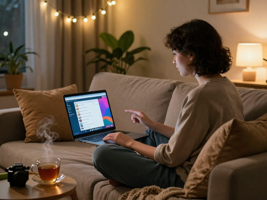 Engaging in a sex chat from a cozy living room, portraying intimacy and warmth.
