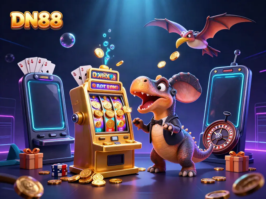 Experience DN88's thrilling jackpot moments as cartoon characters engage with vibrant casino elements.