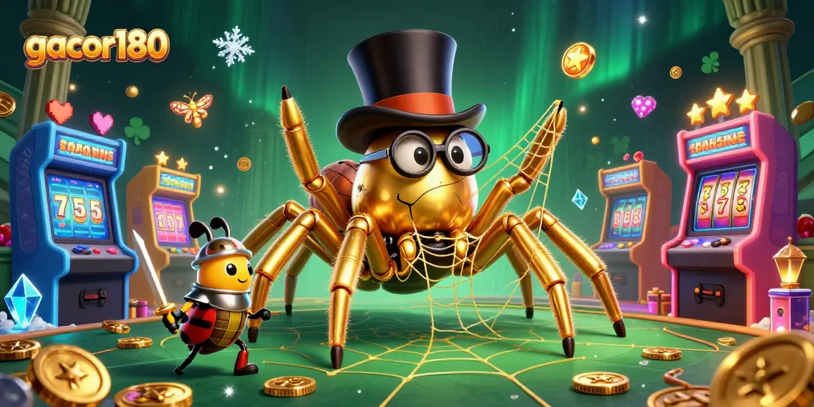 Gacor180 menyajikan tarantula emas dan ksatria kecil dalam ilustrasi menarik tentang permainan kasino.