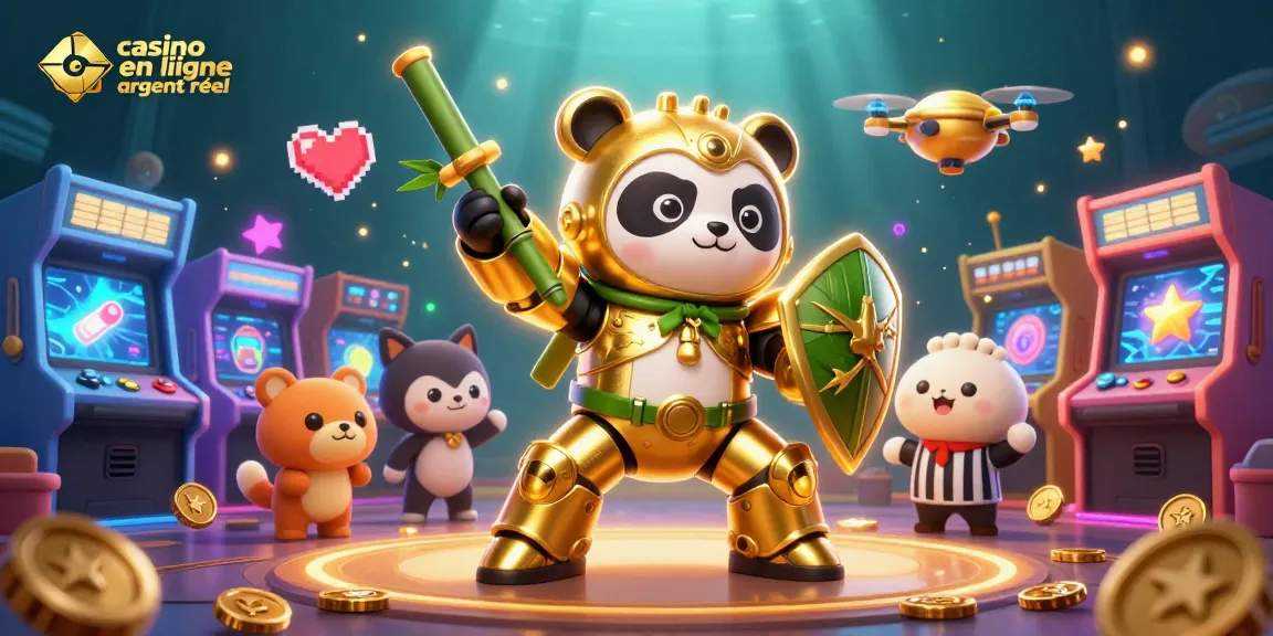 jouez à des jeux au casino en ligne argent réel avec un panda doré et un robot stylisé
