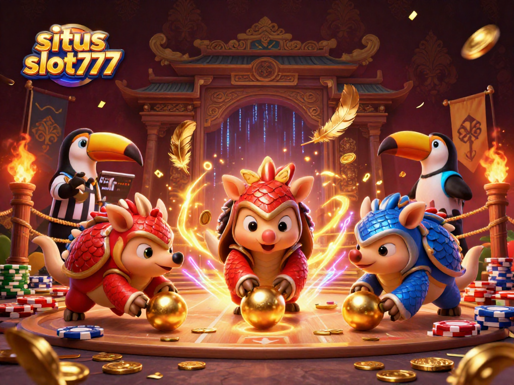situs slot777 illustration where rival pangolins roll poker chips amidst golden spectacle, embodying casino excitement