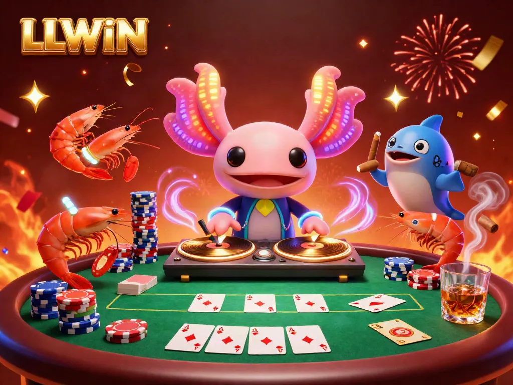 Win big with LLWIN's vibrant 3D casino illustration featuring a dynamic DJ and festive poker scene.