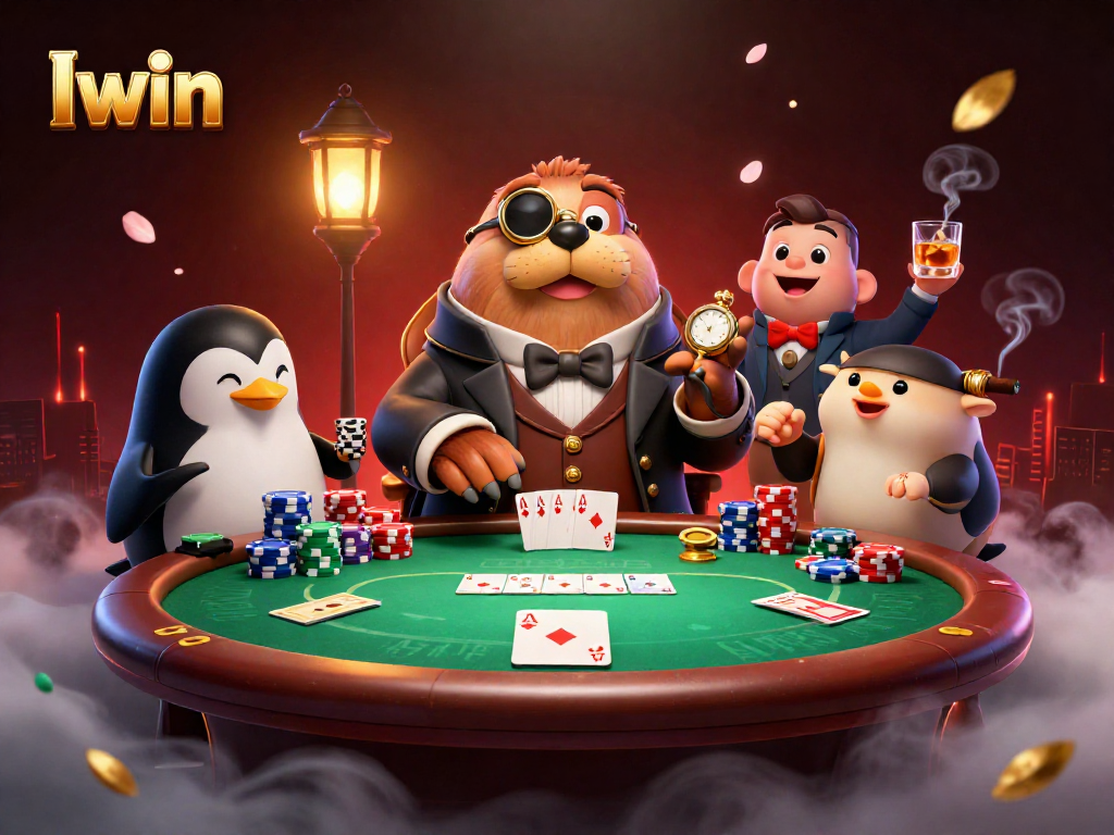 Iwin poker scene with a walrus, penguin dealer, and pufferfish bluffing at a vibrant underwater table.