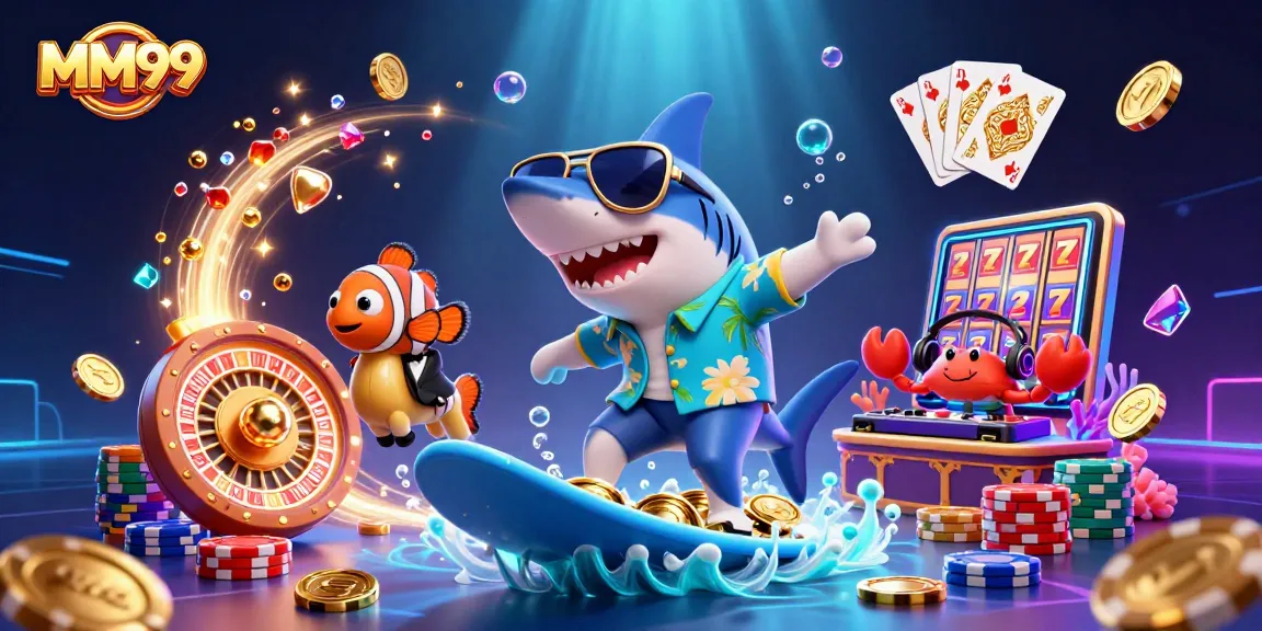 Experience the excitement of MM99 casino with a thrilling 3D illustration featuring dynamic characters and shiny gaming elements.
