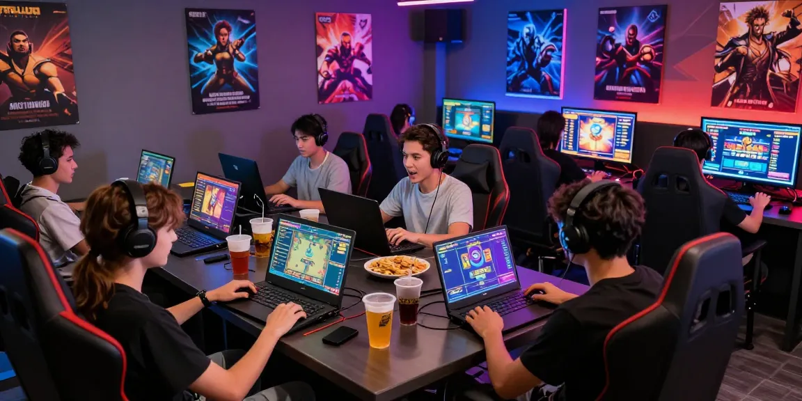 Engaged friends playing digital slot games on CIKA4D platform in a colorful gaming lounge