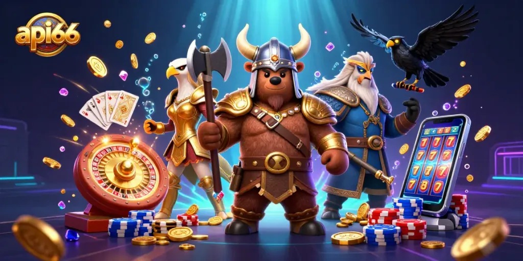 Experience the thrill of api66, featuring a Viking bear and Valkyrie eagle amidst casino excitement.