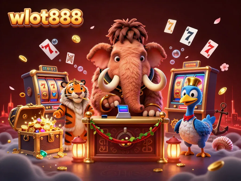 Gambarkan suasana permainan menarik dengan wslot888 yang diwakili oleh bouncer mammoth dan tamu VIP.
