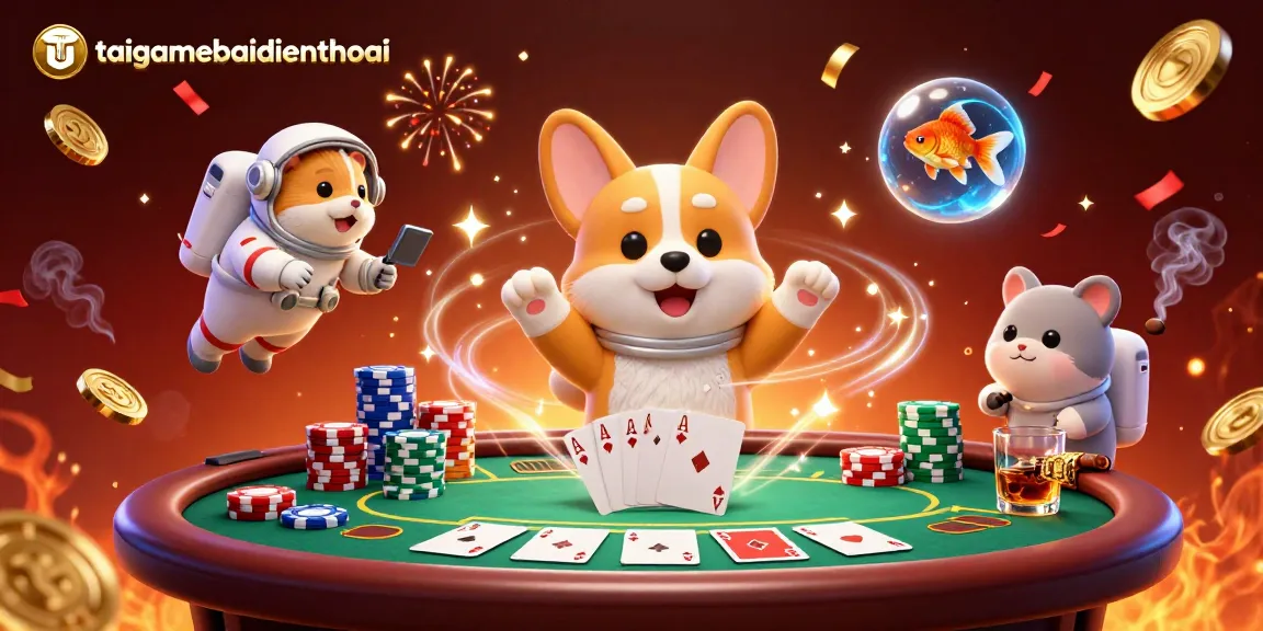 Engage with taigamebaidienthoai's dynamic gaming scene featuring playful characters in a vibrant casino