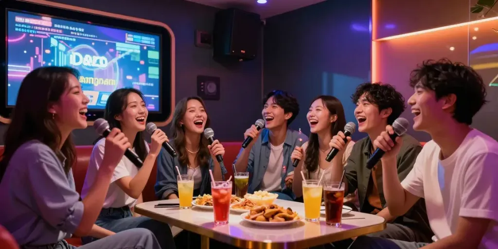 강남 달토에서 친구들과 함께 노래 부르는 화기애애한 순간을 담은 이미지