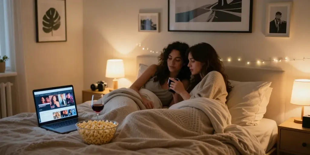Two women relaxing in a cozy bedroom, enjoying lesbian porn and snacks together.