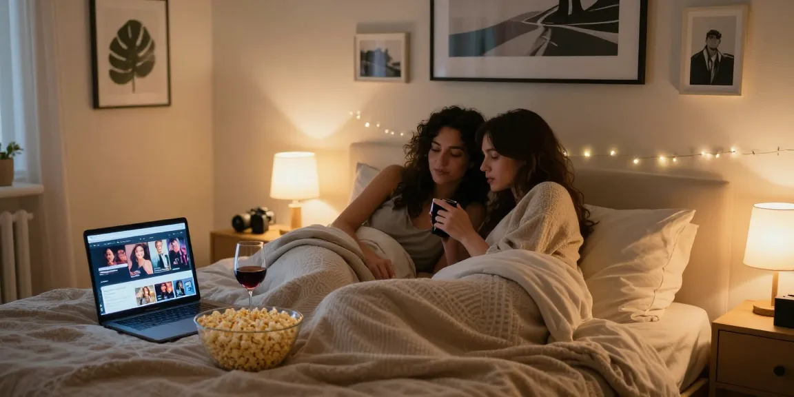 Two women relaxing in a cozy bedroom, enjoying lesbian porn and snacks together.