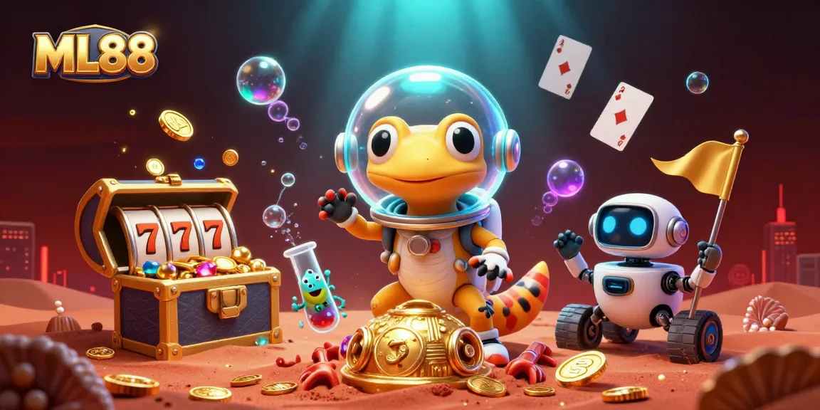ML88 offers thrilling casino experiences with a 3D cartoon Martian gecko in a golden gambling world.
