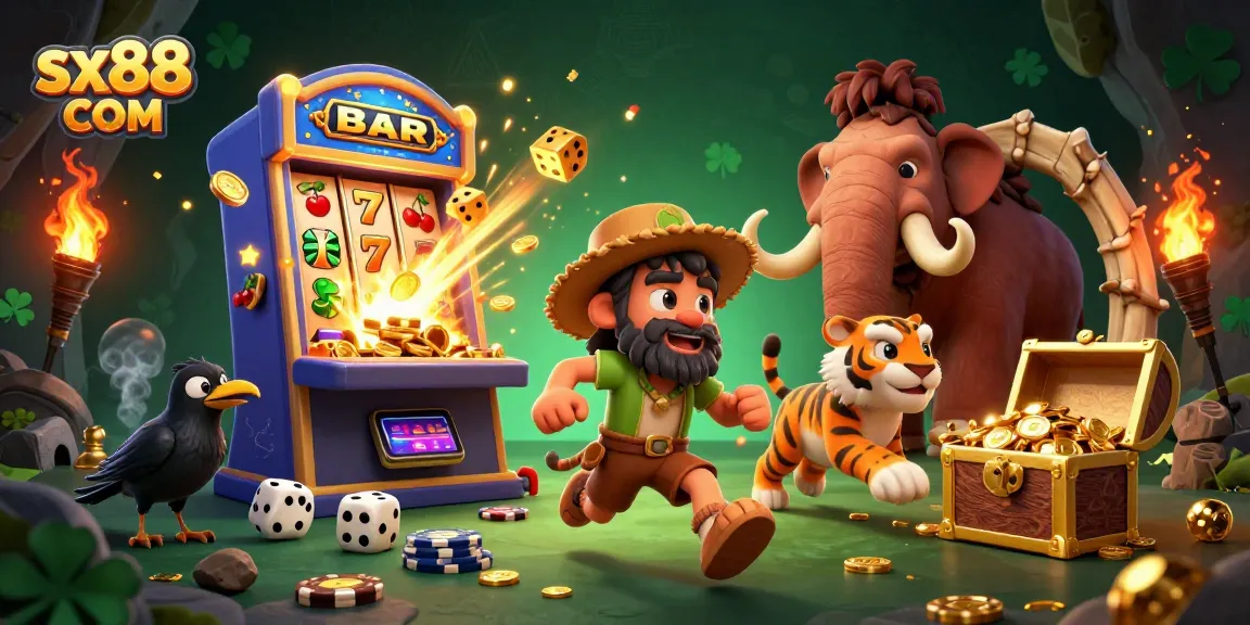 Spin the reels at sx88 COM with a vibrant casino scene featuring cartoon characters and gold coins.